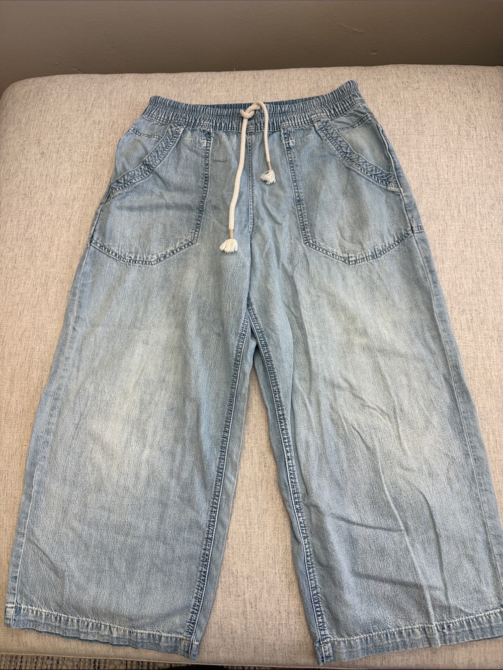 Free People Light Blue Wide Leg Drawstring Denim Pants